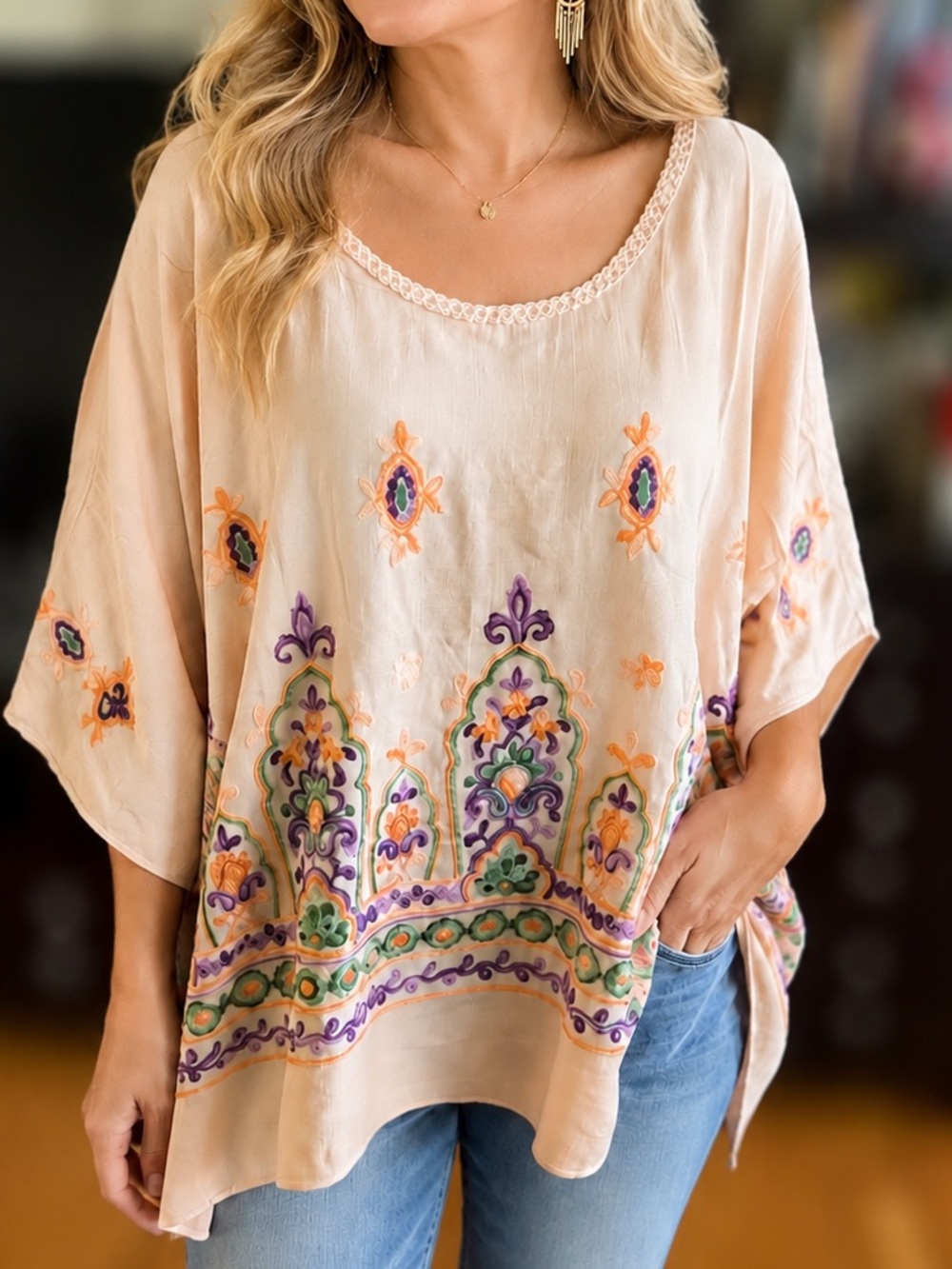 Easel Embroidered Peach Boho Peasant Top - Relaxed Fit